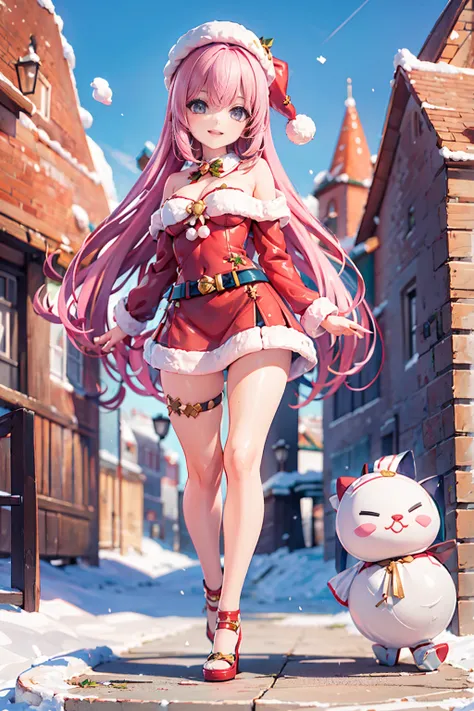 Lisa、Santas Hat、Santa Costumes、short dress,Pink long hair,fur trim smile、Soph、snowy medieval town background、CGQuality、