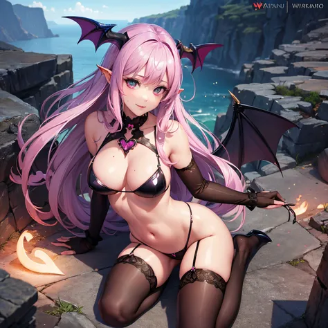 super high quality, 8k, RAW photo, realistic, cute succubus, lewd and sloppy look, heart-shaped micro bikini, wariza, looking down from above, slender, great proportion, background fantasy world, dancing iridescent