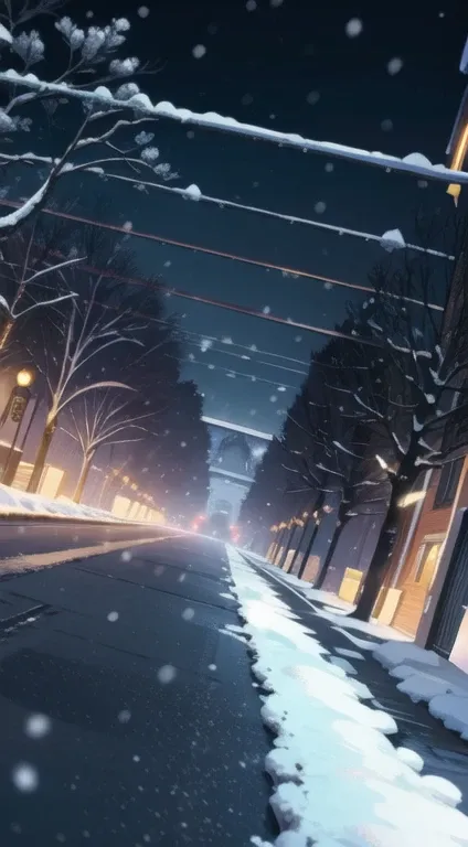 ((Dutch Angle)) Night, snowing at the avenue, city lights, Christmas time.