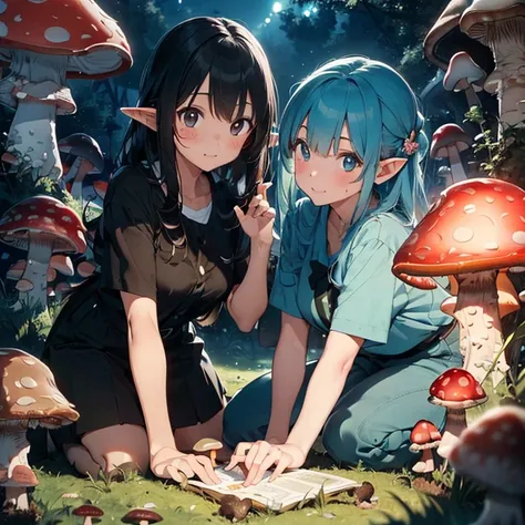 2girls, (Bioluminescent Mushroom:1.5), forest background, (putting up mushroom, work clothes, harvest:1.5, mushroom, elf girl), (wild boar:1.5), night, dark,