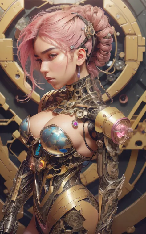 8k portrait of beautiful (cyborg) with pink hair, (Dua Lipa) , mecha musume scifi body suit, pauldrons, intricate, elegant, highly detailed, majestic, digital photography, art by artgerm and ruan jia and greg rutkowski surreal painting reflective, hairpin ...