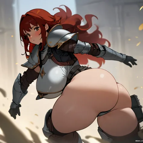 Knight armor, female, red hair,large thighs, large boobs, large butt, file view of buttocks, helmet on,face covered