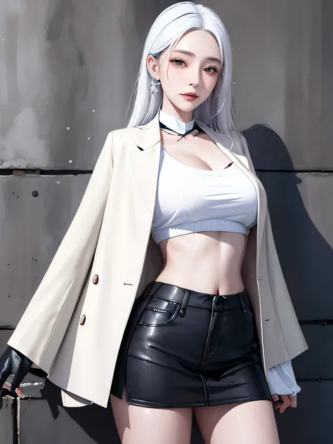 (tmasterpiece, Best quality, 1 plump girl, Alone, exquisite detailing, color difference), top-quality、8K、32K、masterpiece reality, ((Breathe in moderation)), Long white hair,One has white hair, red headgear, Pink highlight, Hair above one eye, ear nipple ri...