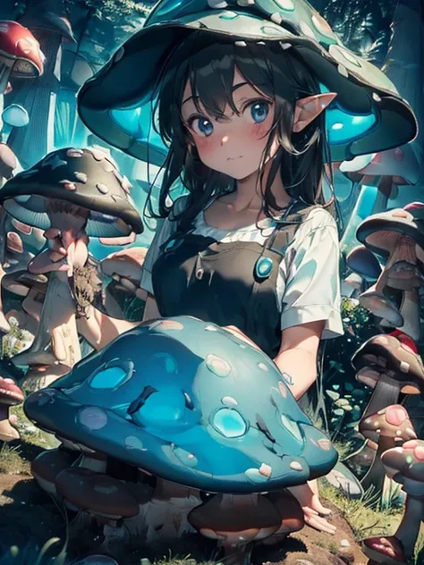 ((mario, super mario)), (Bioluminescent Mushroom:1.5), forest background, (putting up mushroom, work clothes, harvest:1.5, mushroom, elf girl), (wild boar:1.5), night, dark,basket full of mushrooms,