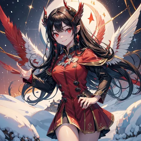 its snowing, masterpiece:1.3, beautiful detailed grow, ((devil wings)) on the back, black long hair girl, (twinkling red eyes:1.4), sexsy smile, in a red school uniform, in the snow town.