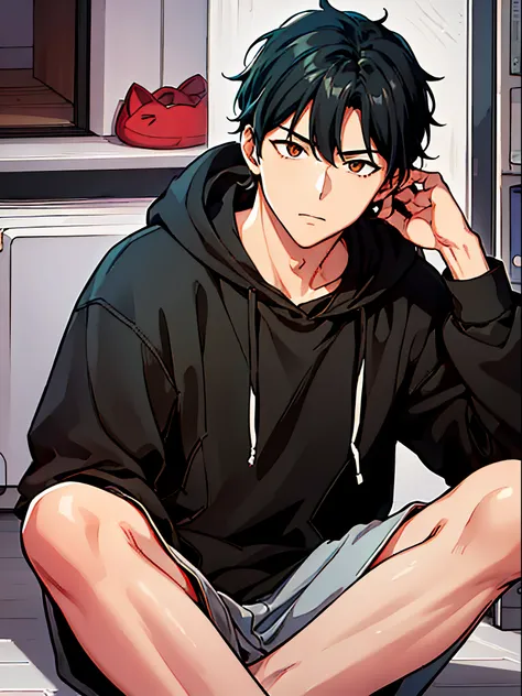 handsome guy, cat eyelids, black hair, two blocks hairstyle, wearing a red hoodie, sitting pose.