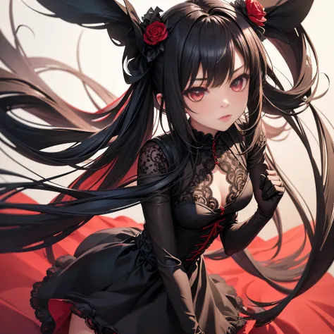 A loli，dual horsetail，black lace dress，red color eyes，Tsundere，The character is centered，Gothic