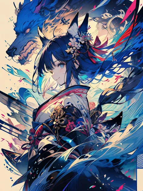 Japan female teenager、Blue-haired、long pony tail、drooping dog ears、Dog tail、Onmyoji costume、a smile