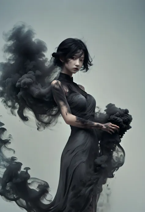 white spirit_darkly，a girl made up of black smoke，1个giant breast girl，