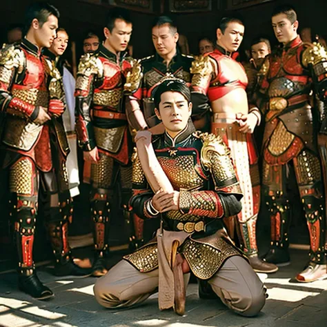 8k, RAW photo, best quality, (masterpiece:1.2), (realistic:1.3), (photorealistic:1.3), ultra-detailed, (high detailed skin:1.2), soft lighting, film grain, Fujifilm XT3, handsome,bun,fullbody,(((2 men))),armor,(((symmetry))),single hair bun,,Hair crown,puf...