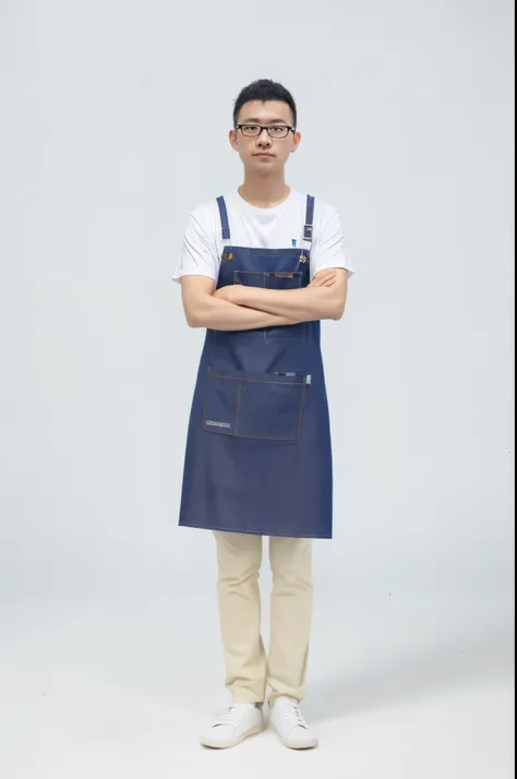 Arafad man in blue apron standing with arms crossed, Wear an apron, Has two front pockets, aprons, product photograph, fully body photo, fully body photo, Full body portrait, full body wide shot, Coveralls, fully body photo, Coveralls, portrait full body, ...