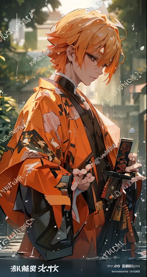 a man in an orange kimono standing in the rain, orange - haired anime boy, handsome guy in demon slayer art, wearing flowing rob...