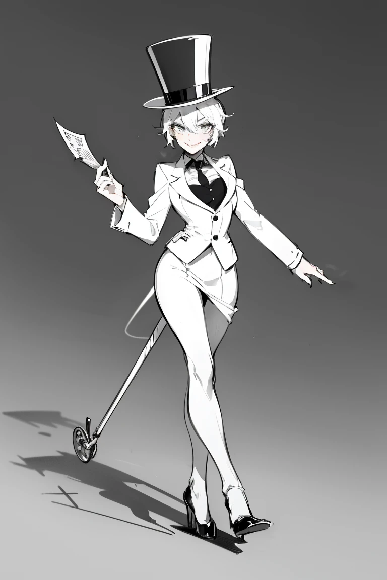 (female monopoly mascot) white hair, smiling, tiny cartoon of a business woman (mature, adult) in a top hat and suit, tight skirt, walking_stick, monopoly, capitalist, rich, full body, (pencil_sketch) monochrome