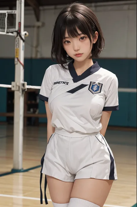 NSFW,gigantic huge tits ,g-cup,bell-shapedupward、japanes,Japanese, hi-school girl,sixteen years old,174 cm,60 km,Brown short bob hair,Little Red Sleeveless Volleyball Uniform、Black bloomers、Black knee pads,Black socks,White sneakers、Volleyball Court,Bright...