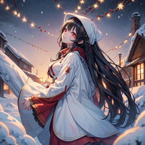 its snowing, masterpiece:1.3, beautiful detailed grow, looking up to sky, black long hair girl, bigboobs, (twinkling red eyes:1.4), sexsy smile, in a red long coat, in the snow town.