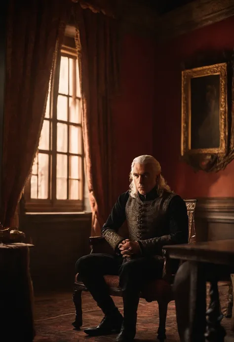 A photo of a man sitting alone in a dimly lit room, staring at an old family portrait with a pained expression on his face.,Game of Thrones,Viserys Targaryen, male