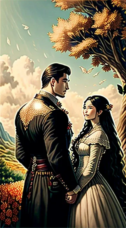 two lovers sworn to eachother but destined to be apart, bright with nature all around the background, a strong man and a fair woman, both people shown, both in elegant clothing