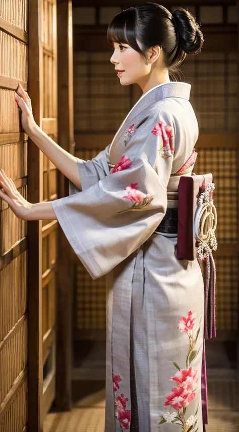 Best Quality, masutepiece, 超A high resolution, (Photorealistic:1.4), Raw photo, One bewitching woman, age 40s,Kimono beauty with a crane pattern, gros-plan, Looking at Viewer, castle town, Long, Hair Ornament,Beautiful photos,is beautiful,fullbody image,