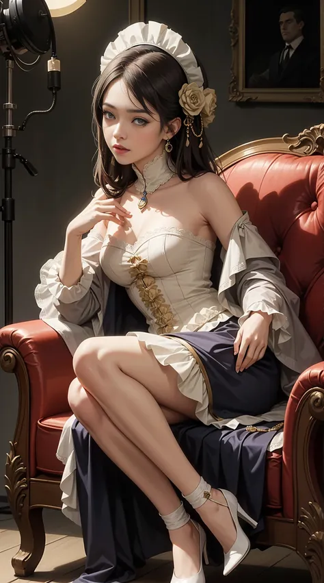 Filipina woman sitting on a couch with a fan and a fan, in victorian aristocrat,  wearing 1890s era clothes, victorian style costume, on set, Filipina dress 1850s, inspired by Juan Luna, aristocratic clothing, biopic, wearing 1850s era clothes