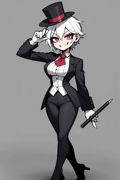 (female monopoly mascot) beauty, white hair, smiling, tiny cartoon of a business woman (mature, adult) in a top hat and suit, tight skirt, walking_stick, monopoly, capitalist, rich, full body, (pencil_sketch) (black and white palette) monochrome, solo