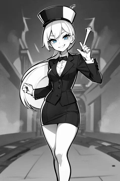 (female monopoly mascot) white hair, smiling, tiny cartoon of a business woman (mature, adult) in a top hat and suit, tight miniskirt, walking_stick, monopoly, capitalist, rich, full body, (pencil_sketch) (black and white palette), monochrome, solo