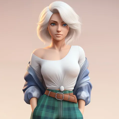 um close de uma mulher com camisa xadrez e camiseta branca semi transparente, Personagem 3d realista, de cabelos brancos, menina com cabelo branco curto, 3 d render arte do caractere 8 k, menina com cabelo branco, menina perfeita de cabelos brancos, concei...