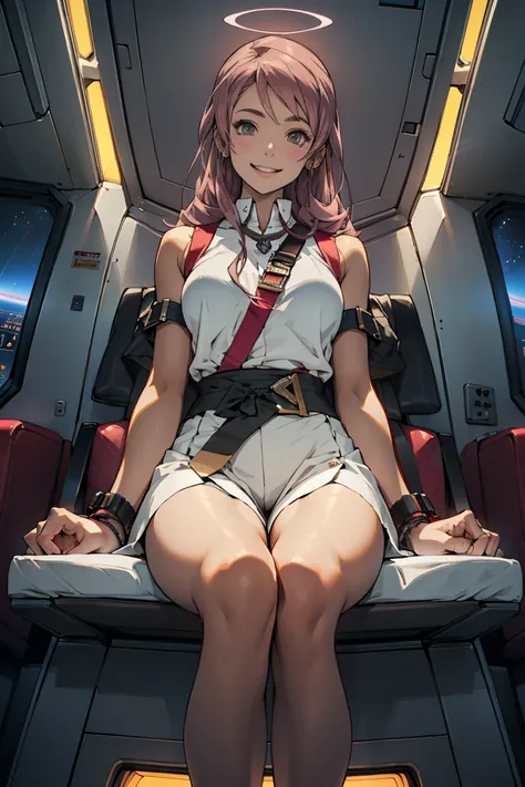 1girl in、Pink hair、deep brown eyes、very long fluffy hair、de pele branca、Fitted body、slender body、thin-waist、large full breasts、(Smiling expression)、pilotsuit、Thigh Gaps、bare thigh、sleeveless、Show me your bare feet、fit thighs、Sitting in the cockpit of a spa...