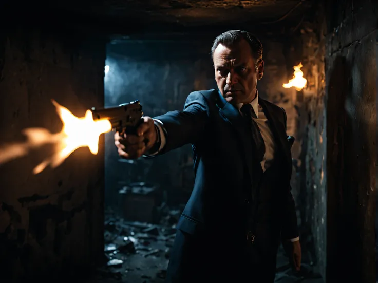 (8k, raw photo, ultra detailed, masterpiece), a mafia with a gun on his opponent, flames from the gun, in the dark cellar, one light bulb is lighting up the basement, noir film style, angry, violent, competition, negotiation, cinematic lighting, shot on wi...