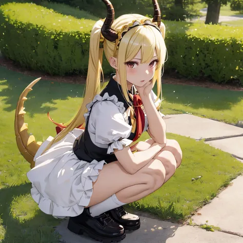 1girl, dragon girl, dragon tail, maid headdress, puffy short sleeves, tohru, horns, twintails, blonde hair, looking at viewer, solo, squatting, nsfw, tohru