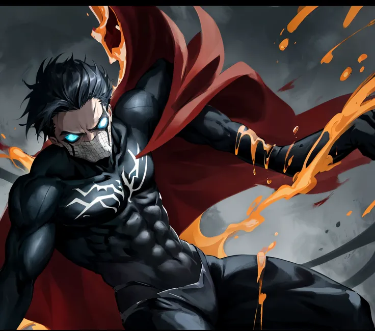 《the original god》Arataki Kazuto , male people， chest muscle， Sexy , Venom symbiote for your body, Black mucus of the body , into venom, venomize，Black bodysuit，（Cloak），Red cape，Abs，（Adult male）（（Venom possession，venom symbiote）），over-Tortoise Man，Battle d...