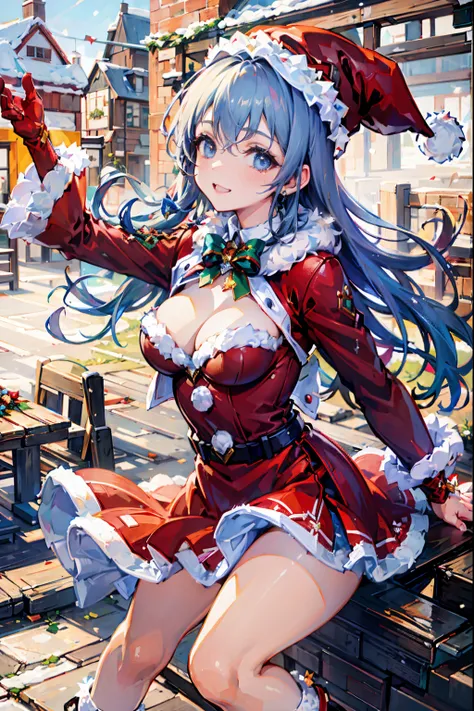 lissa, santa hat, santa costume, fur trim  smile,  sov, snow medieval town background