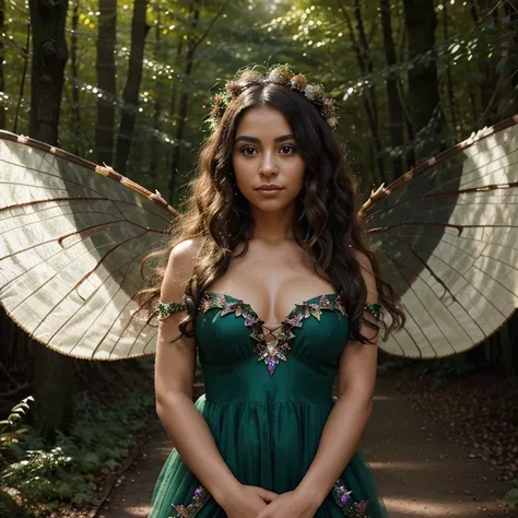 The most beautiful Tan Mexican fairy Queen with really curly black ringlets and semi-transparent large wings in an enchanted forest ethereal and nature dress on lots of glitter