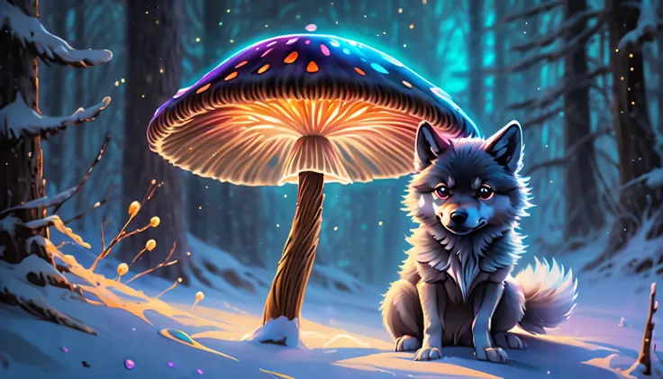 (((Digital painting with extremely fine details:1.3))), Capture everything in sharp focus, Unparalleled sharp clarity, Unparalleled sharpness and clarity, (((There are many beautiful bioluminescent mushrooms around.:1.5))), (((Cute and festive ash gray fur...