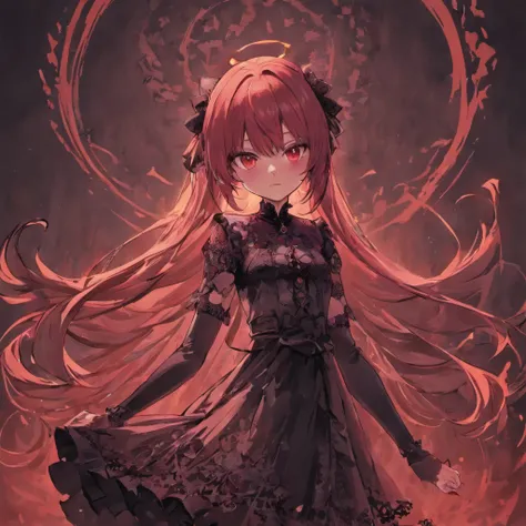 A loli，dual horsetail，black lace dress，red color eyes，Tsundere，The character is centered，Gothic