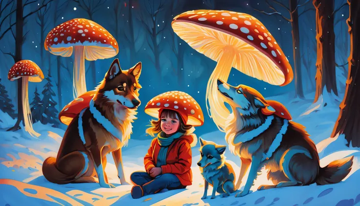 (((very detailed gouache painting:1.3))), Capture everything in sharp focus, Unparalleled sharp clarity, Unparalleled sharpness and clarity, (((There are many beautifully glowing bioluminescent mushrooms around.:1.3))), (((Cute festive kid and wolf pop sit...