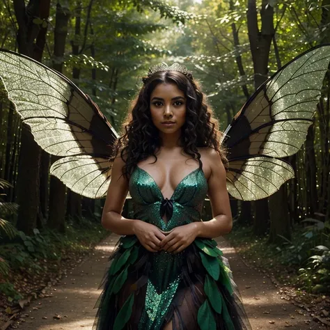 The most beautiful Tan Mexican fairy Queen with really black 3C curls and semi-transparent large wings in an enchanted forest ethereal and wearing a leafy dress. Glitter all over