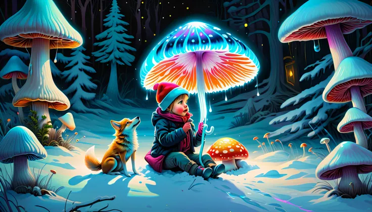 (((very detailed gouache painting:1.3))), Capture everything in sharp focus, Unparalleled sharp clarity, Unparalleled sharpness and clarity, (((There are many beautifully glowing bioluminescent mushrooms around.:1.3))), (((Cute festive kid and wolf pop sit...