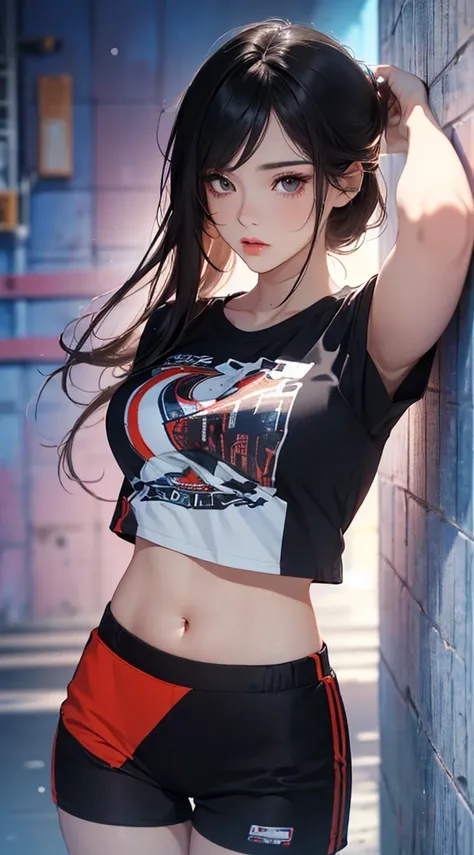 (a very beautiful woman, wearing a short sleeve T-shirt, Wearing hot pants), (Highly detailed black eyes, Contrasting eyes, extra detailed body), (A dark-haired, length hair, straight haired, de pele branca, eye reflections, Exposed belly), (Colorful wall:...