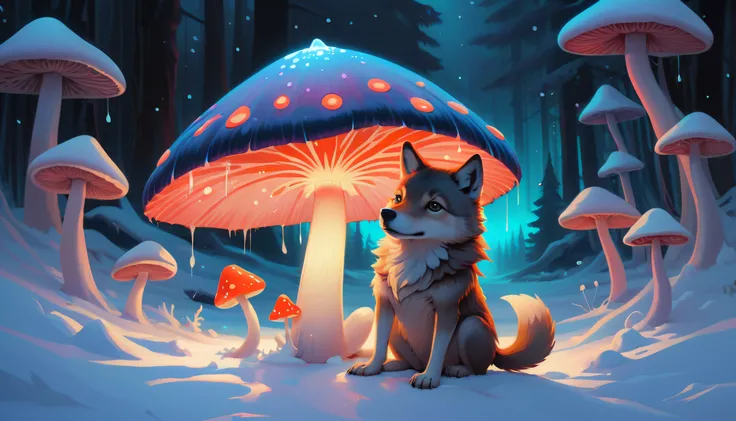 (((very detailed gouache painting:1.3))), Capture everything in sharp focus, Unparalleled sharp clarity, Unparalleled sharpness and clarity, (((There are many beautifully glowing bioluminescent mushrooms around.:1.3))), (((Cute festive kid and wolf pop sit...