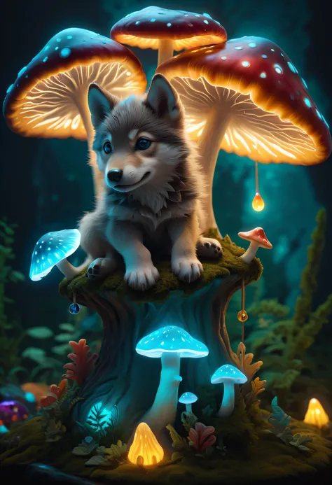 Whimsical scene of a cute wolf puppy sitting on a dimly lit bioluminescent mushroom wearing a glowing hat, Surrounded by colorful and playful decorations. Cute Pose, charming and nice wishes, Vibrant and lively decoration, A mysterious magical world, Rich ...