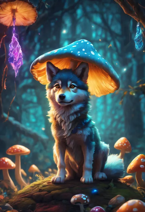 Whimsical scene of a cute wolf puppy sitting on a glowing mushroom wearing a glowing hat, Surrounded by colorful and playful decorations. Cute Pose, charming and nice wishes, Vibrant and lively decoration, A mysterious magical world, Rich dark cyan color, ...