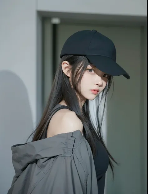 A girl with realistic gray long hair,(same realistic hairstyle),realistic black hat,realistic pretty face,realistic cool expression,adapt equally realistic clothes, Korean style realistic, realistic light, realistic shadows, realistic background, good imag...