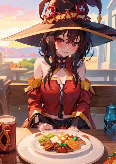 anime girl in a witch hat sitting at a table with a plate of food, megumin, megumin from konosuba, anime style 4 k, black - haired mage, seductive anime girl, konosuba anime style, 4k anime wallpaper, attractive anime girl, konosuba, badass anime 8 k, Tran...