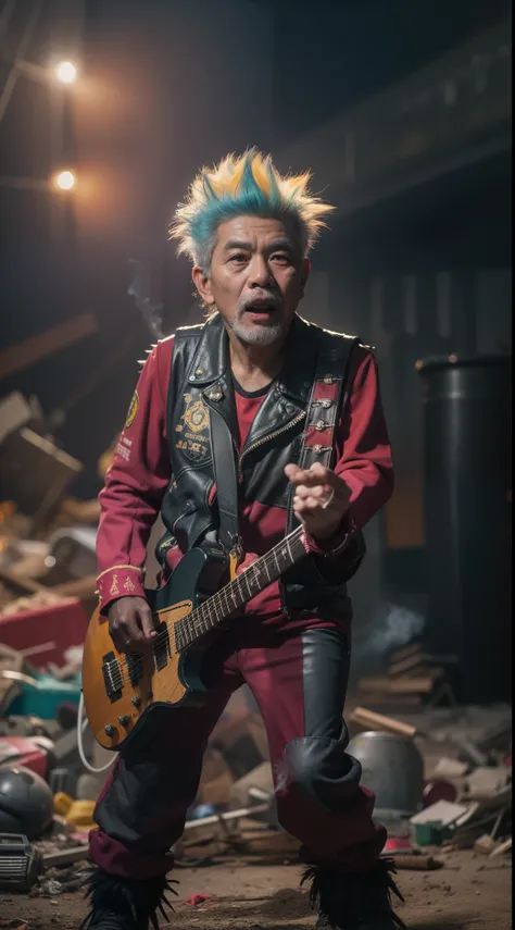 a 70 years old malay man in super mario costume outfit with spiky colorful punk hair singing rock song in waste disposal site, n...