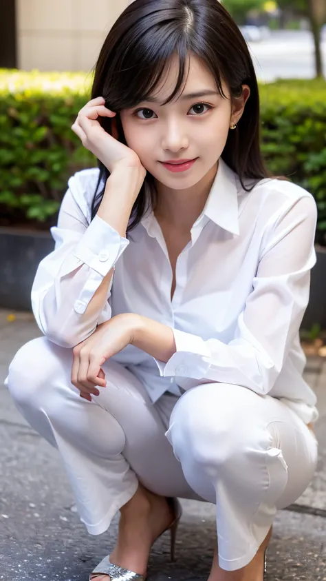 Best-quality, Masterpiece, Ultra-High-Resolution, (Photorealistic:1.4), Raw-Photo, Extremely-Details, Perfect-Anatomy, 

1girl, 15-years-old, the most popular Japanese idol, ((squatting, hands on cheek):1.2), wearing matching business suit and white blouse...