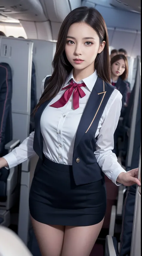 Top  Quality, Masterpiece, 8K, Ultra High Definition, (Photorealistic: 1.4), 1 Girl, beautifull face, symmetry eyes, Big, perfect body proportions, Stewardess uniform, The beholders gaze, (Inside the Airplane: 1.2), Front view, shoulder jump, Absolute area...