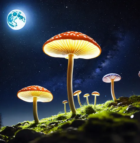 Luminous mushrooms blooming on the moon