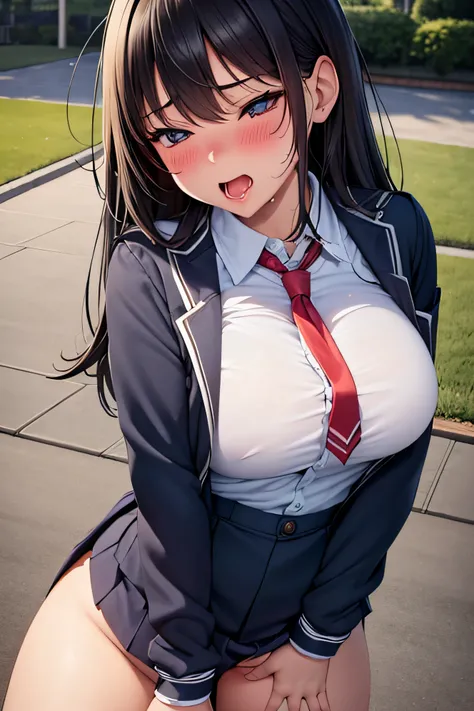 superfine illustration, Perfect Anatomy, Best Quality, Hires, amazing shading, Beautiful skin, 1 little girl, nose blush, Saliva, Ecstasy,  Close eyes, ,School Uniforms , Full body, SEX, Yor, touches crotch, (Rubbing the crotch with your hands:1.2),  sugge...