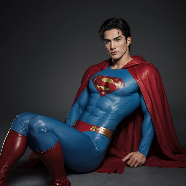 best quality, ultra high res, photo,realistic, detailed background,handsome male,(superman blue cotton union suit:1.1),(red tight micro thong:1.5),blue skin tights pants,(puffy nipples),(swollen nipples),black hair,perfect face, super handsome face, perfec...