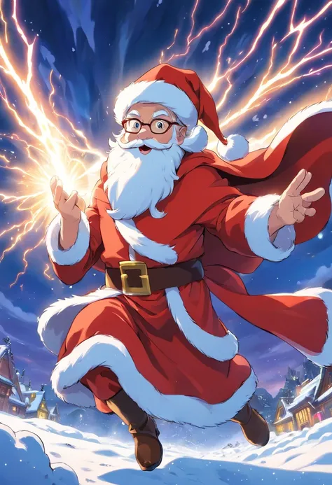 Superhero Santa Claus, cape, flying in the snow, lightning, super energy magic